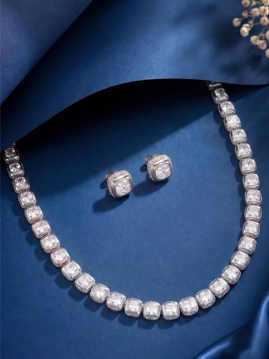 Peora Crystal Tennis Necklace Set - Silver
