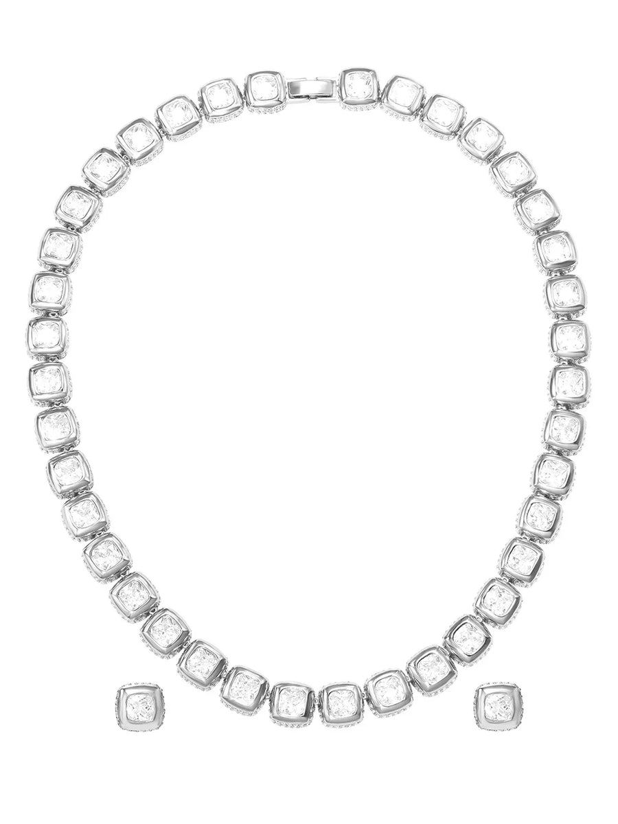 Peora Crystal Tennis Necklace Set - Silver