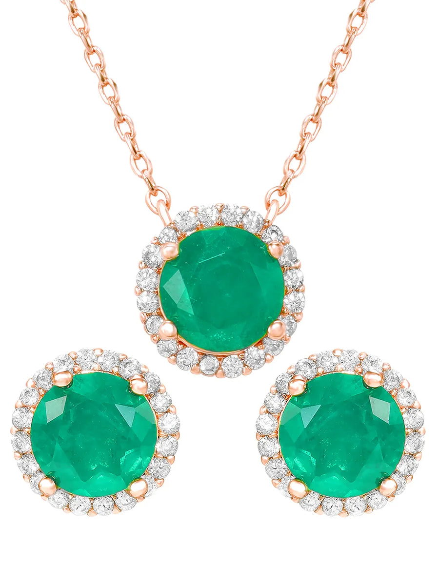 Peora Round Emerald Necklace Set - Rose Gold