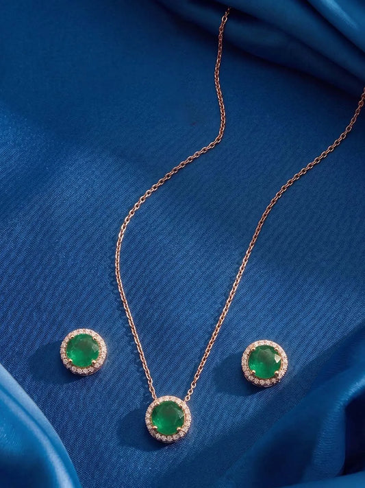 Peora Round Emerald Necklace Set - Rose Gold