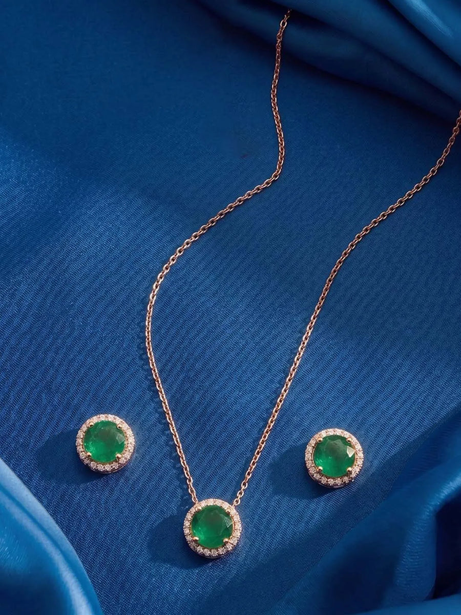 Peora Round Emerald Necklace Set - Rose Gold