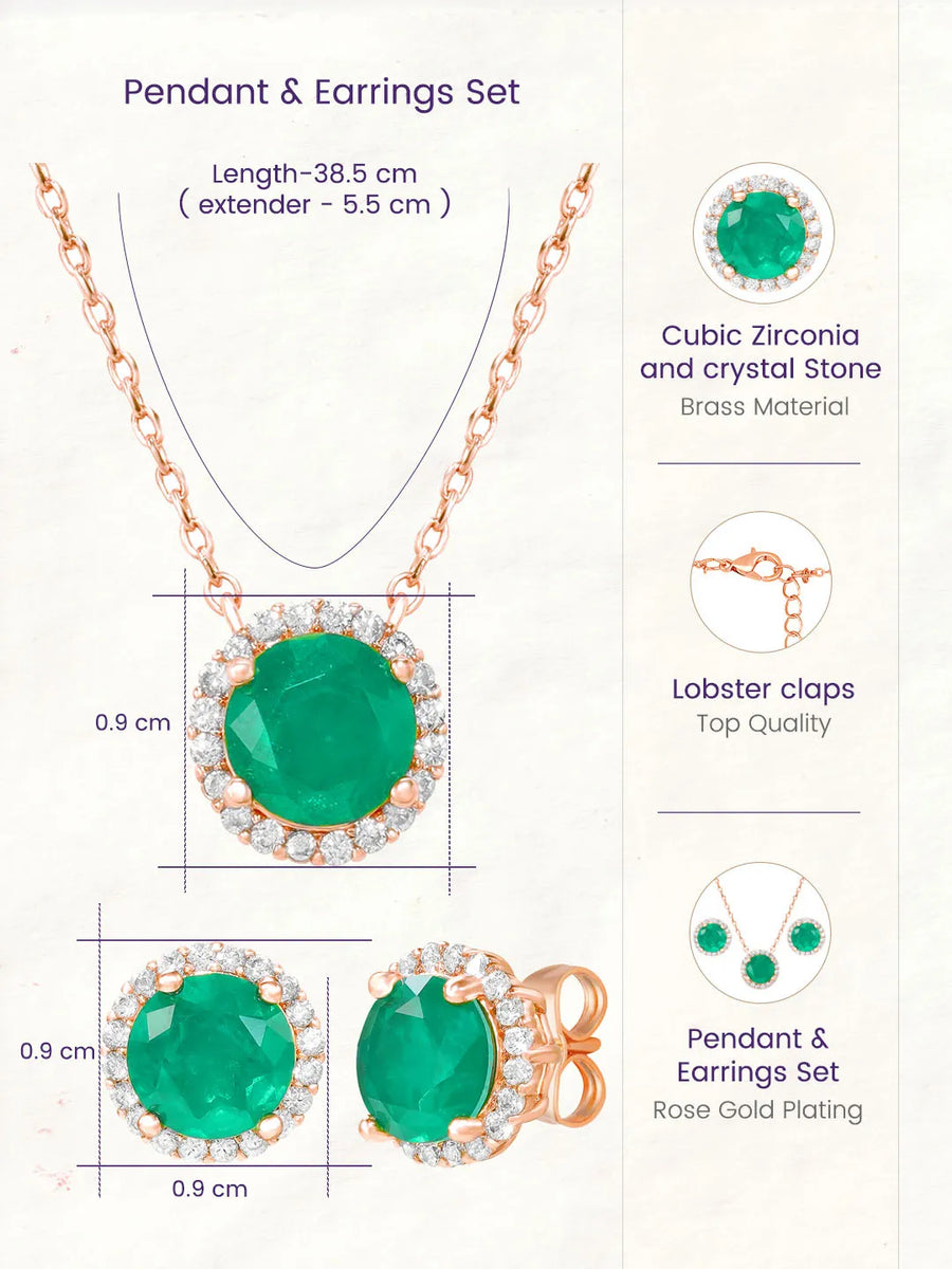 Peora Round Emerald Necklace Set - Rose Gold