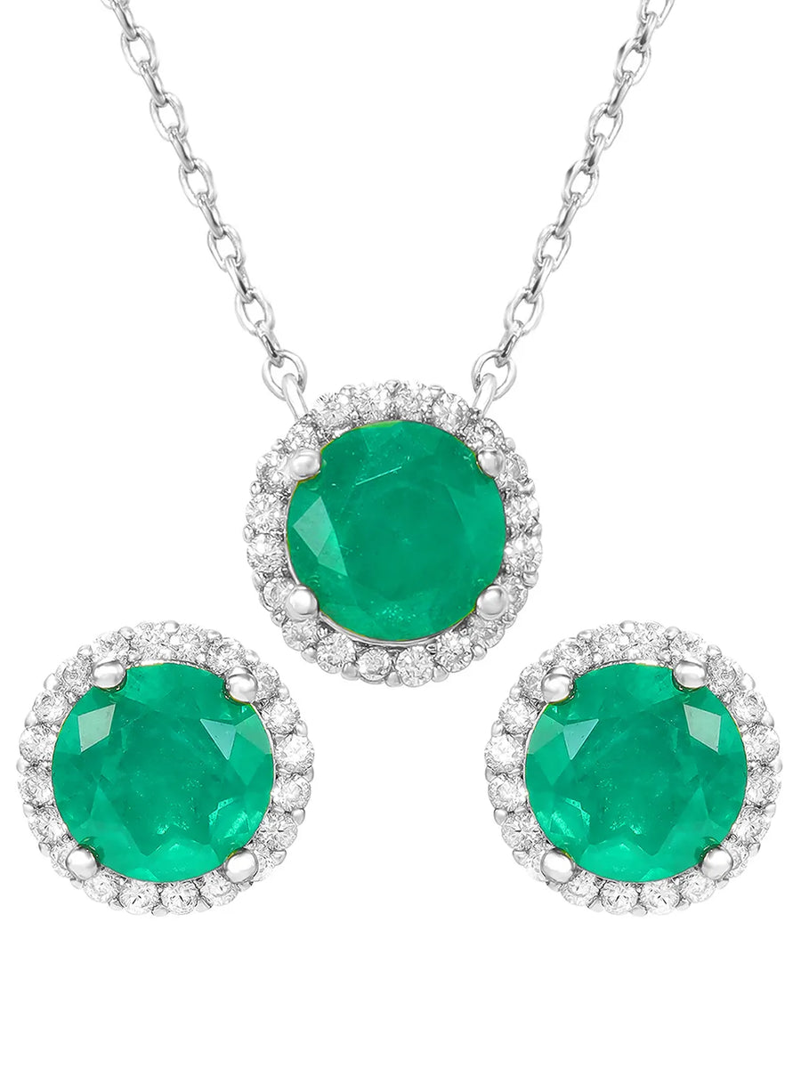 Peora Round Emerald Necklace Set - Silver