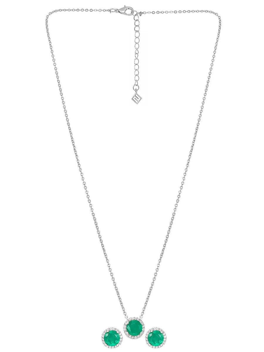 Peora Round Emerald Necklace Set - Silver
