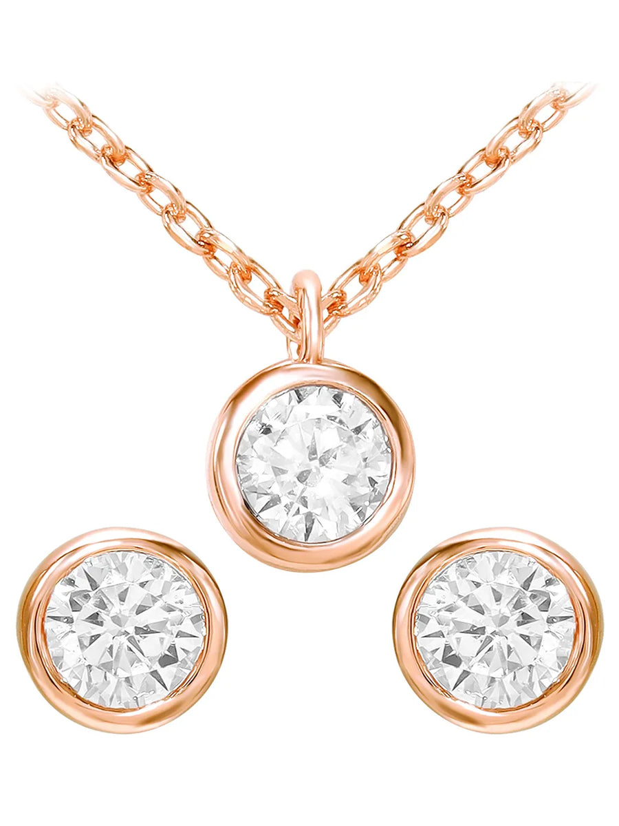 Peora Solitaire Crystal Necklace Set - Rose Gold