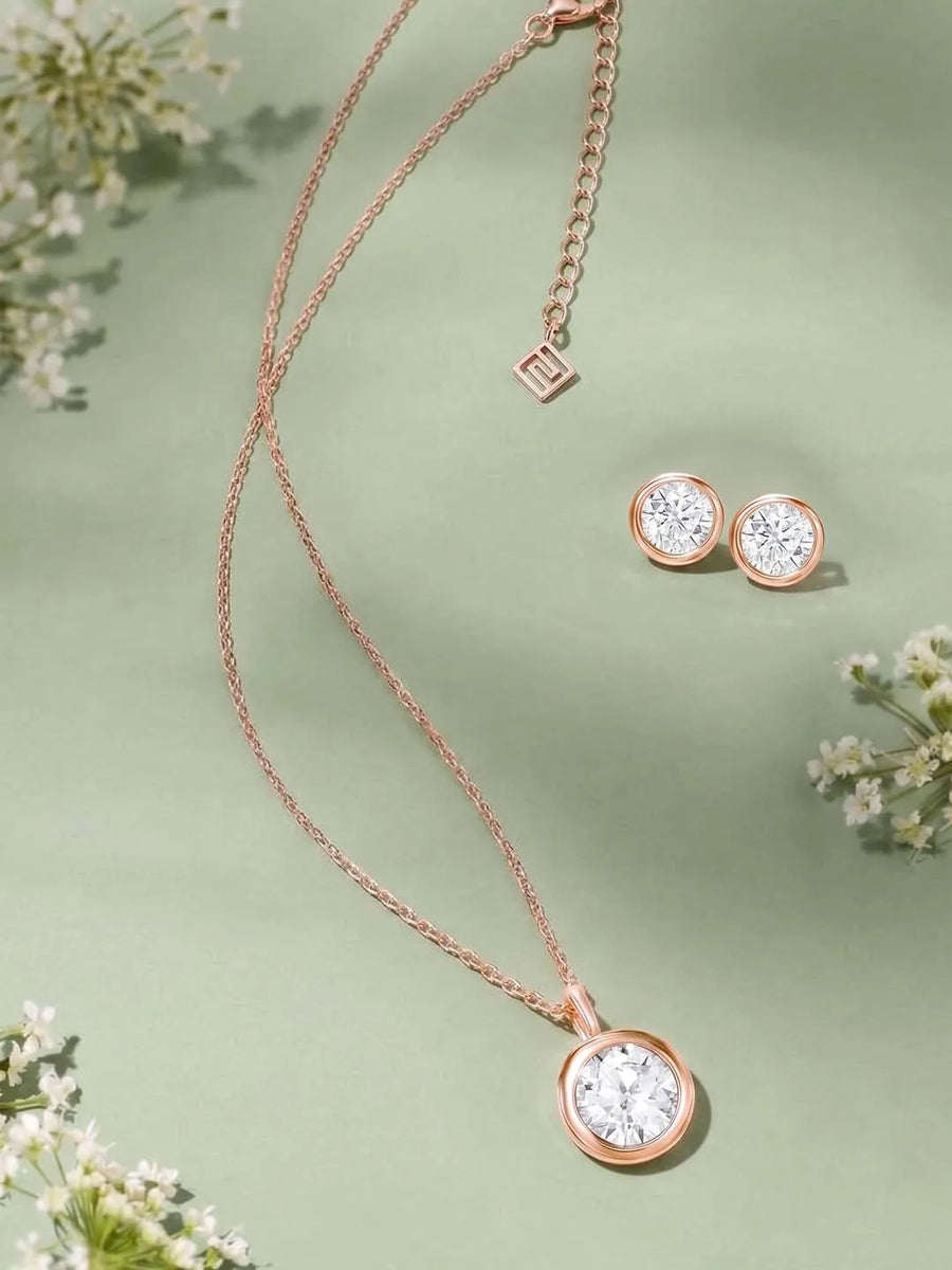 Peora Solitaire Crystal Necklace Set - Rose Gold
