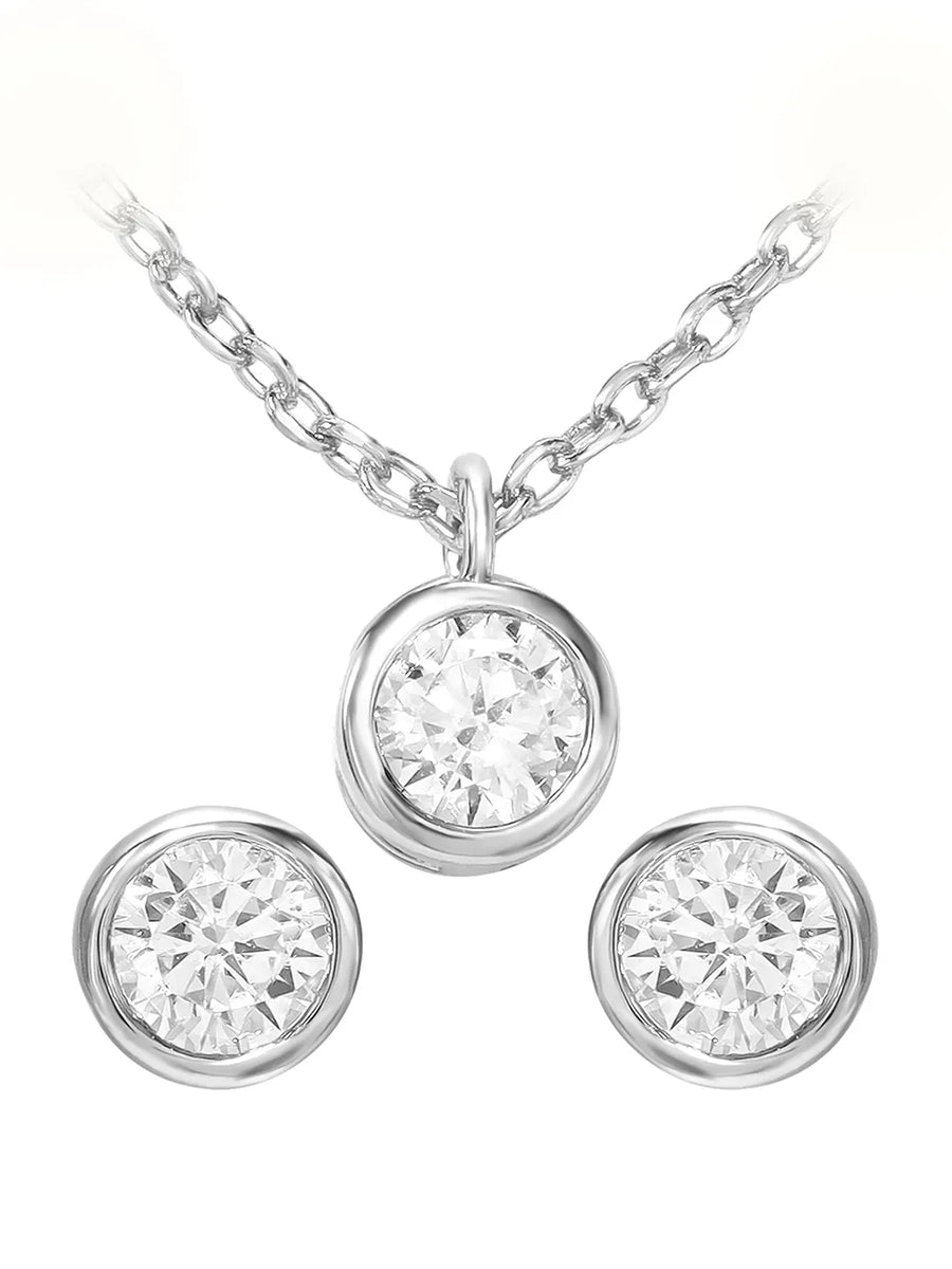 Peora Solitaire Crystal Necklace Set - Silver