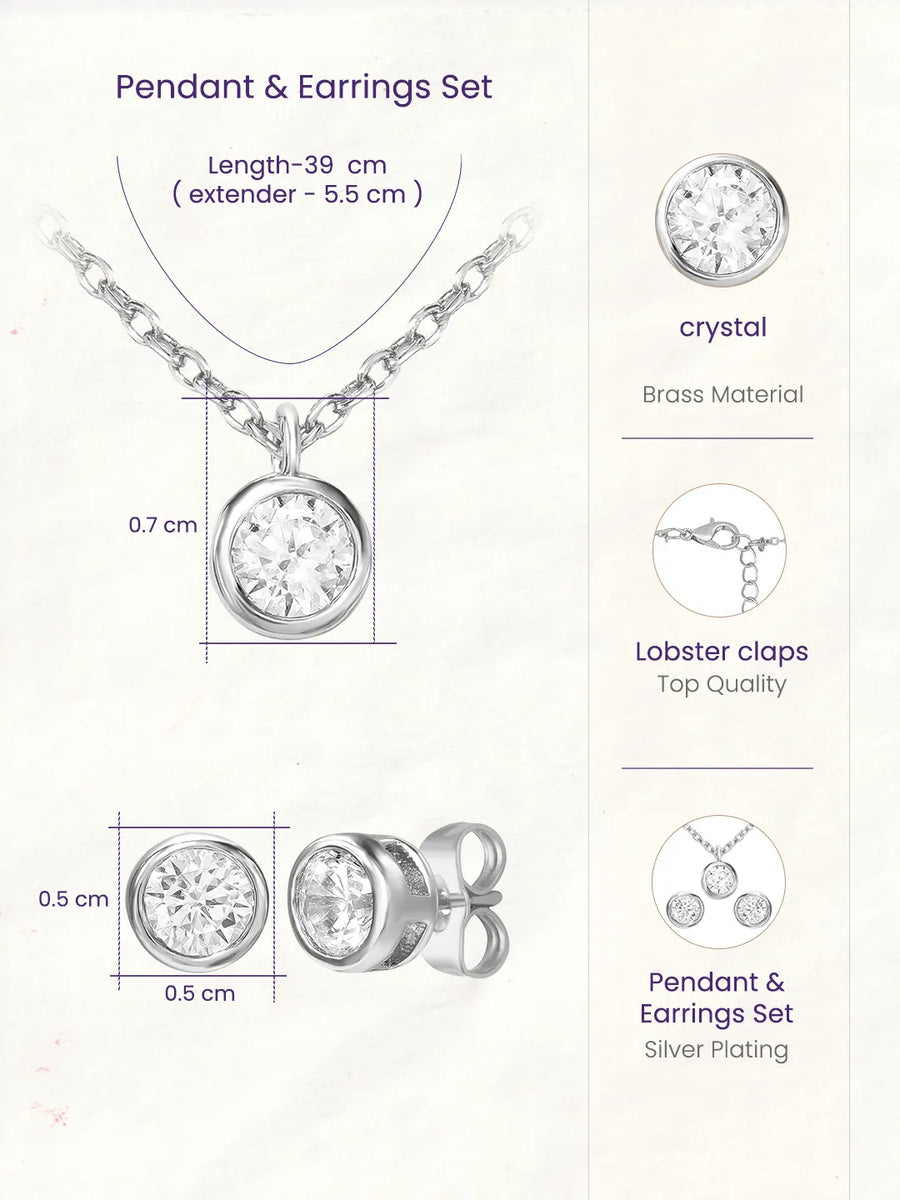Peora Solitaire Crystal Necklace Set - Silver