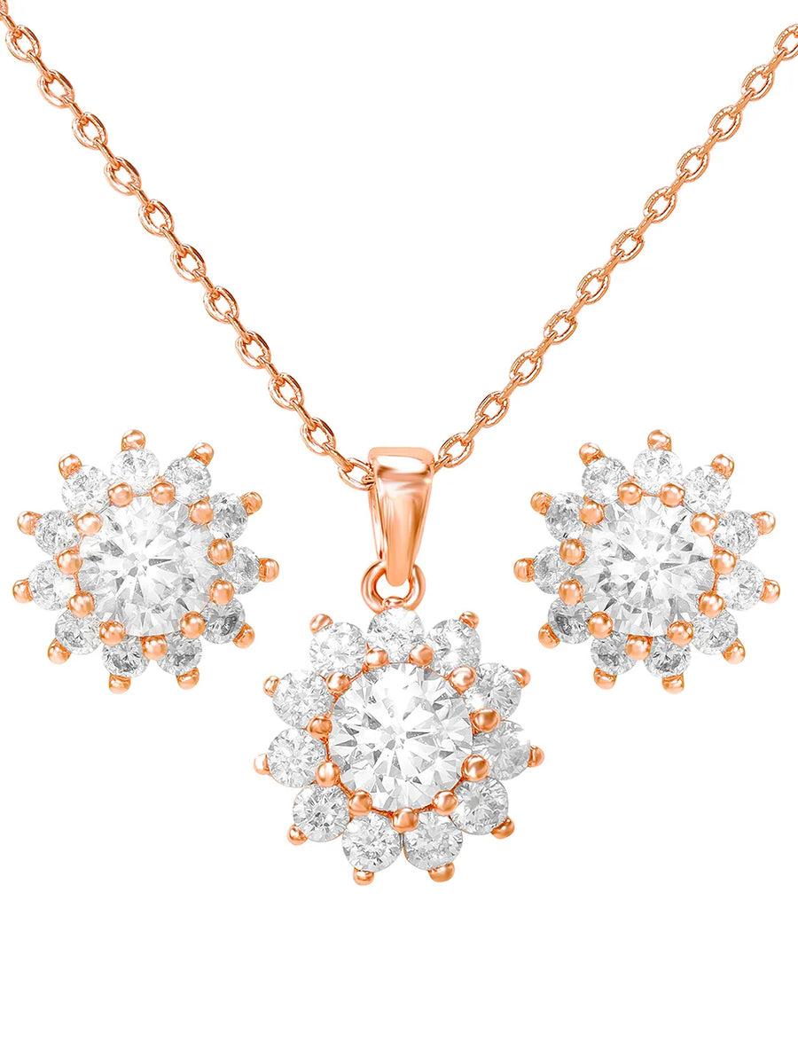 Peora Floral CZ Necklace Set - Rose Gold