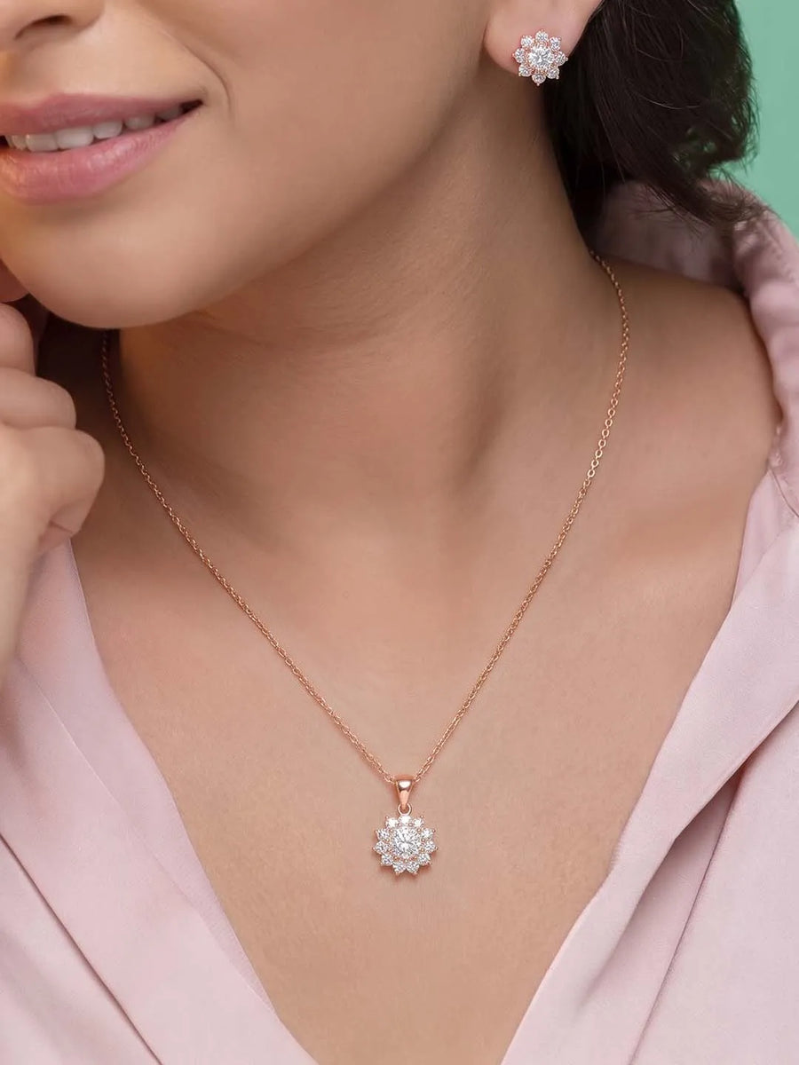 Peora Floral CZ Necklace Set - Rose Gold