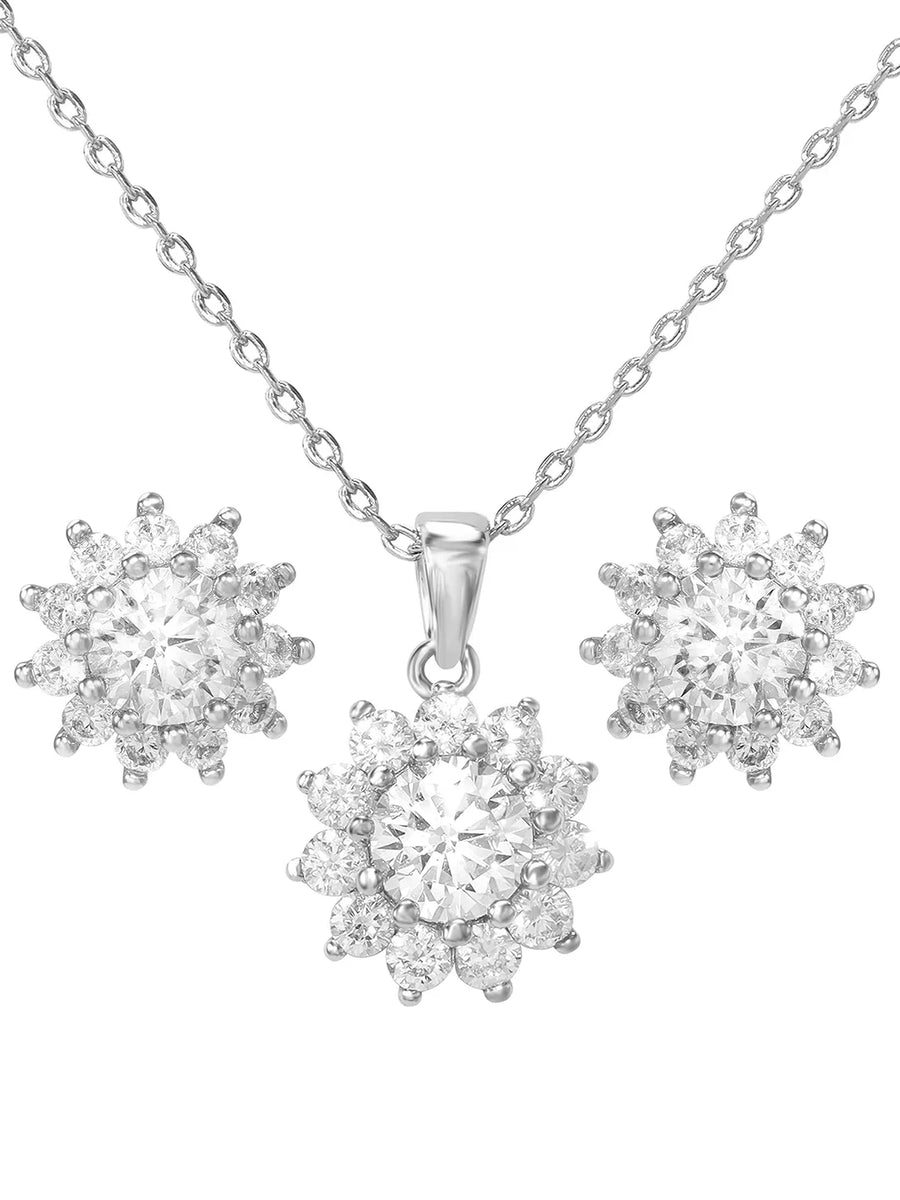 Peora Floral CZ Necklace Set - Silver