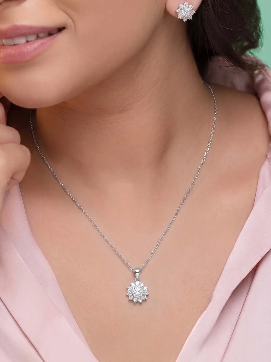 Peora Floral CZ Necklace Set - Silver