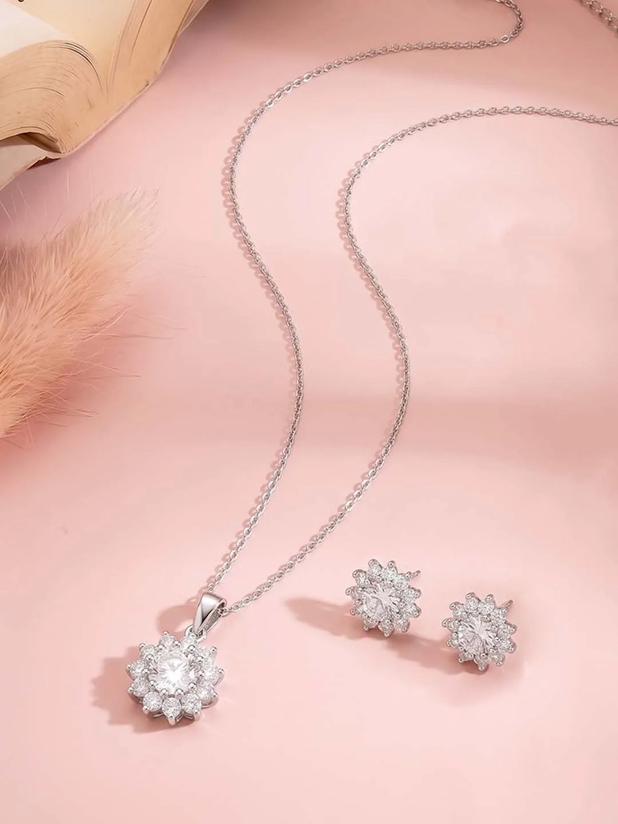 Peora Floral CZ Necklace Set - Silver