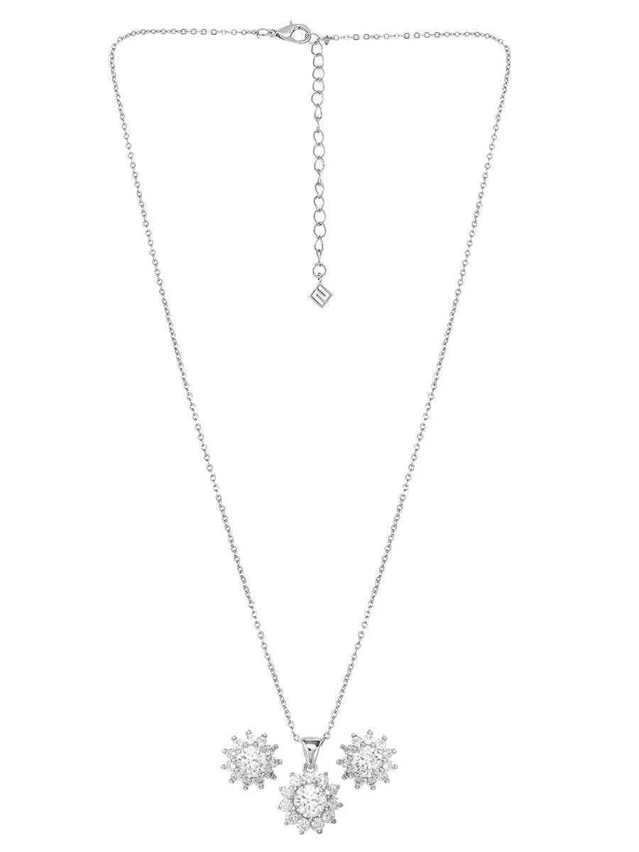 Peora Floral CZ Necklace Set - Silver