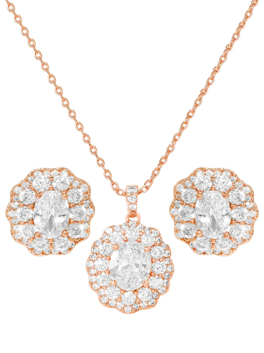 Peora Halo CZ Necklace Set - Rose Gold