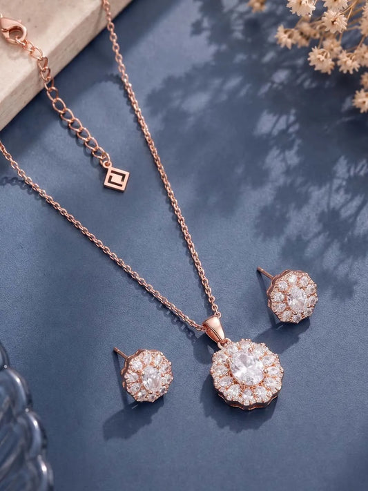 Peora Halo CZ Necklace Set - Rose Gold