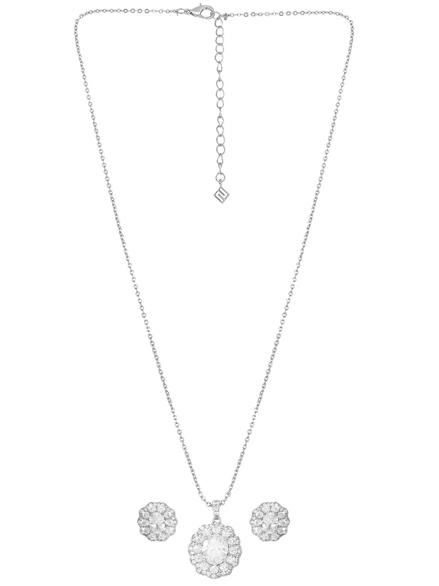 Peora Halo CZ Necklace Set - Silver