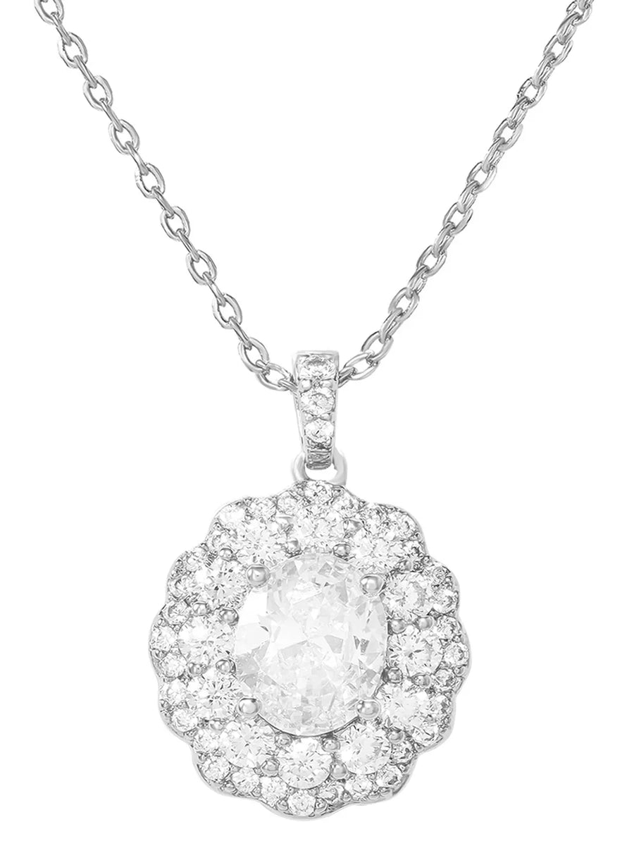 Peora Halo CZ Necklace Set - Silver