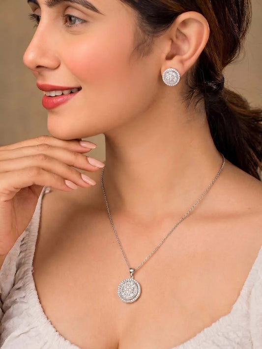 Peora Floral Pendant Necklace Set - Silver