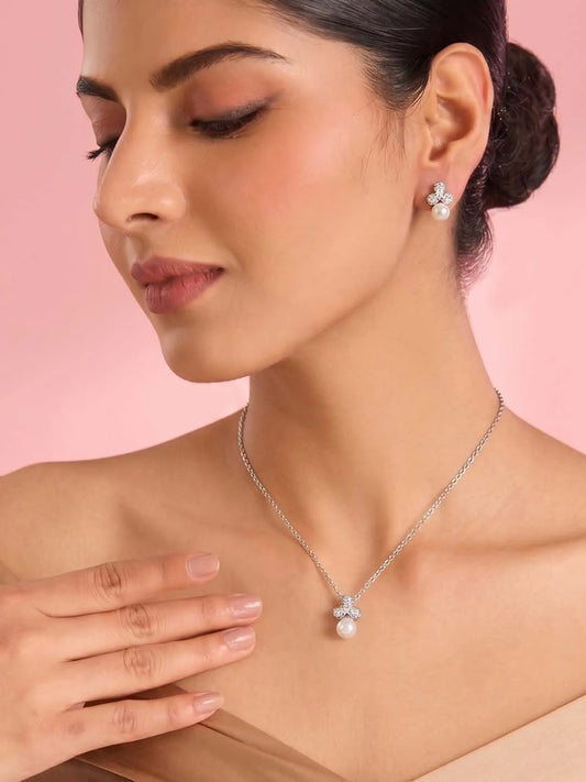 Peora Pearl Pendant Necklace Set - Silver