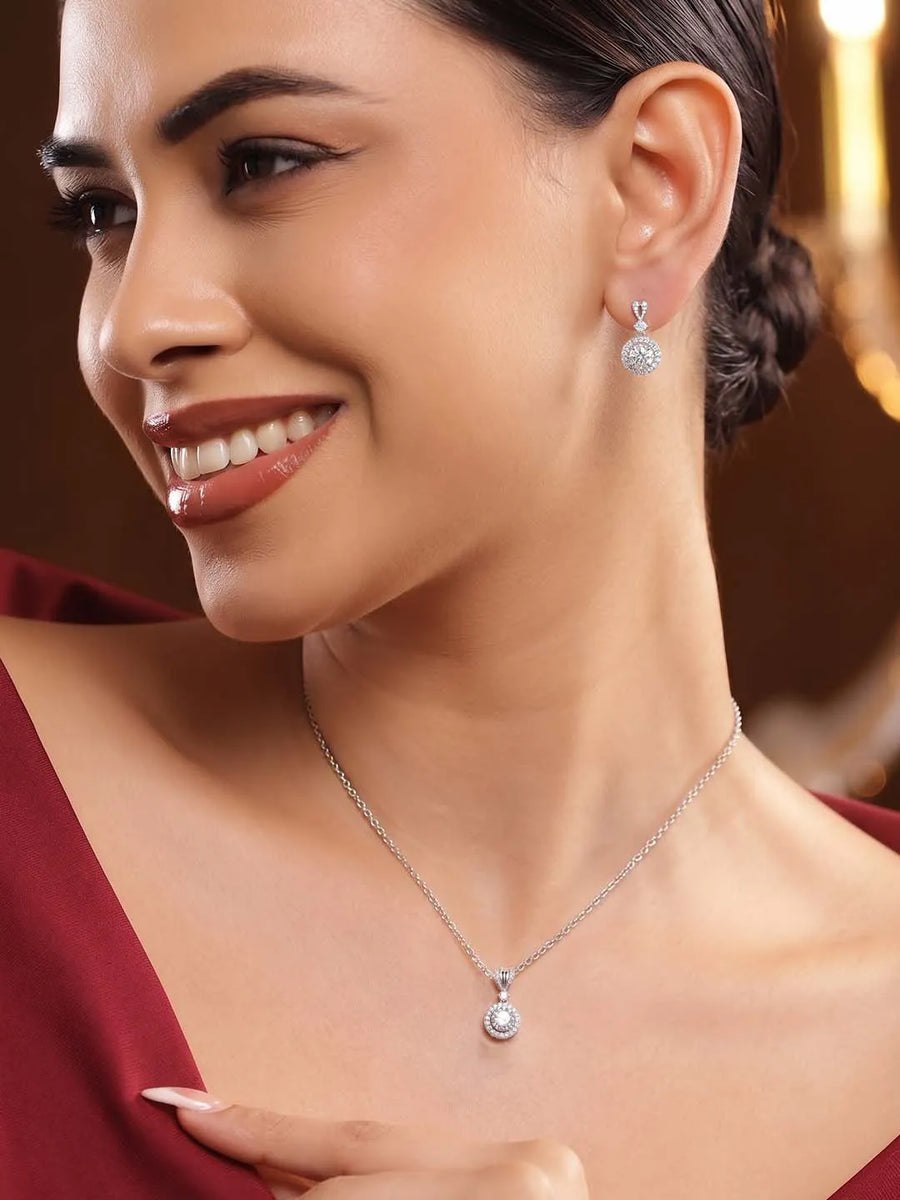 Peora Classic CZ Necklace Set - Silver