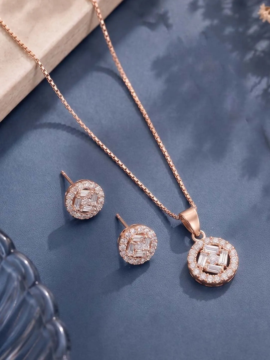 Peora Solitaire CZ Necklace Set - Rose Gold