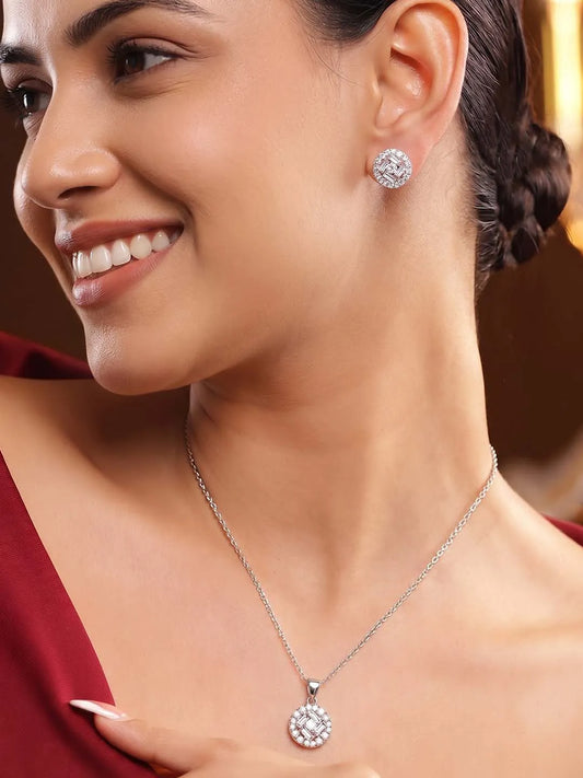 Peora Solitaire CZ Necklace Set - Silver