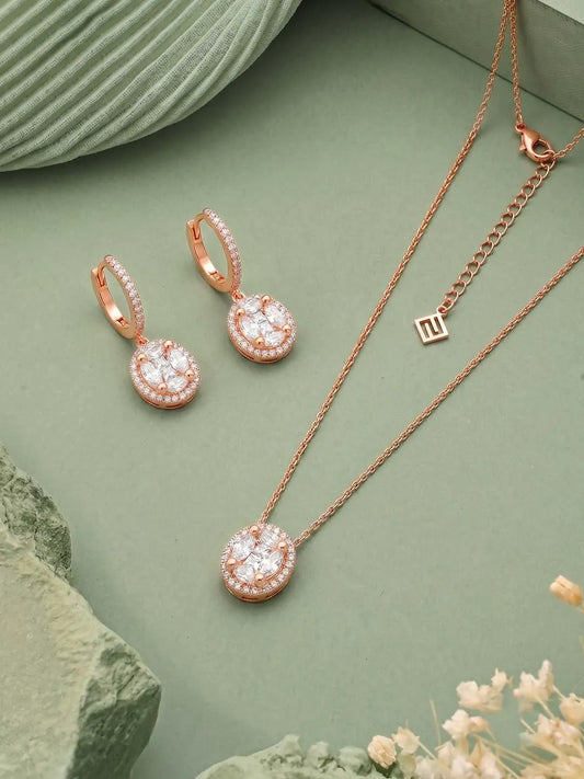 Peora Round CZ Necklace Set - Rose Gold