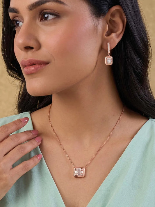 Peora Square Pendant Necklace Set - Rose Gold