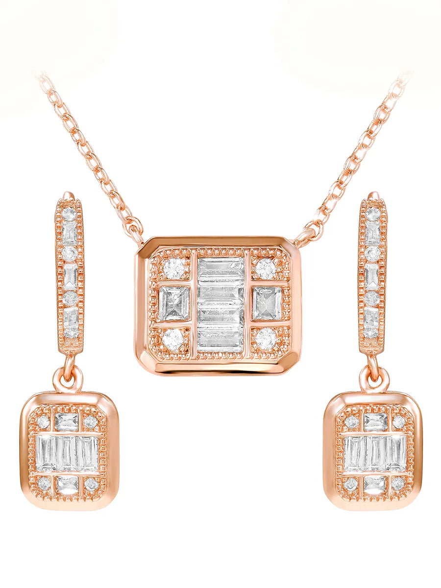Peora Square Pendant Necklace Set - Rose Gold
