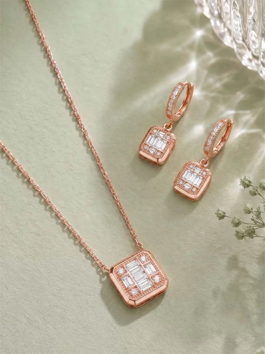 Peora Square Pendant Necklace Set - Rose Gold