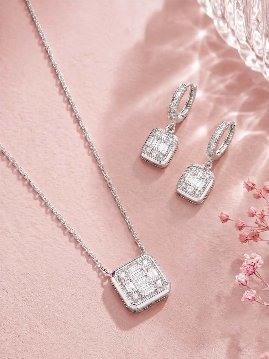 Peora Square Pendant Necklace Set - Silver