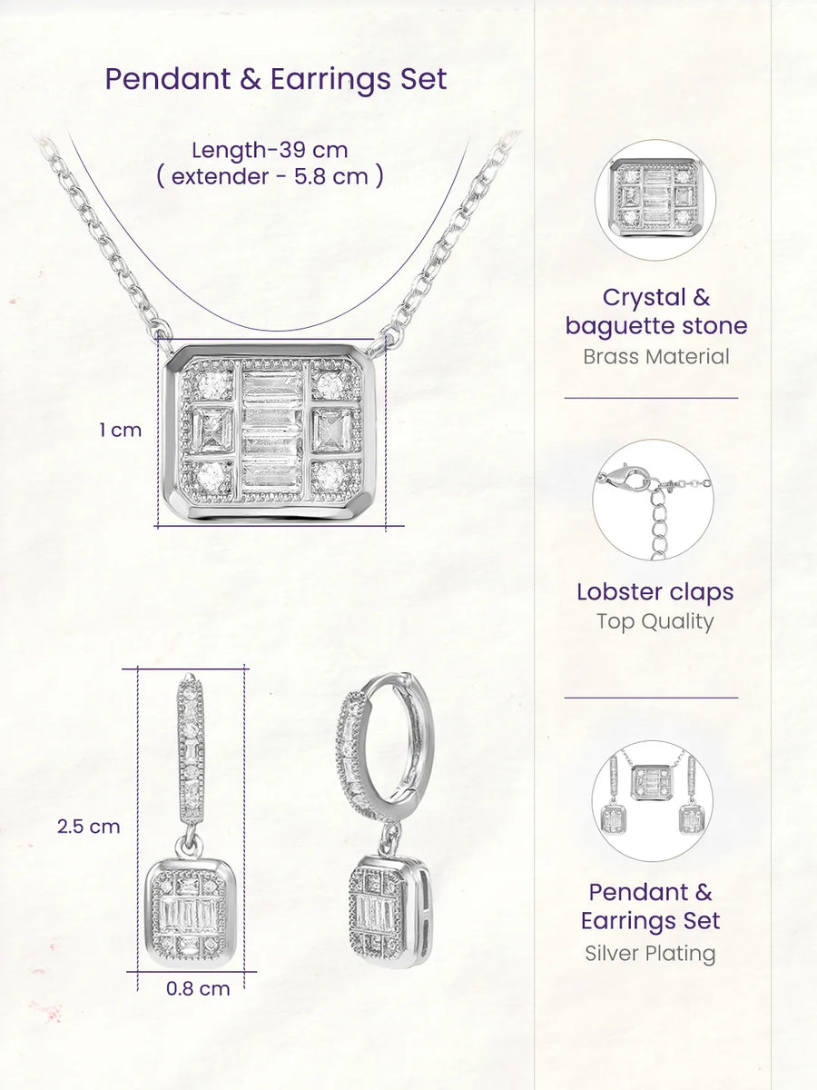 Peora Square Pendant Necklace Set - Silver