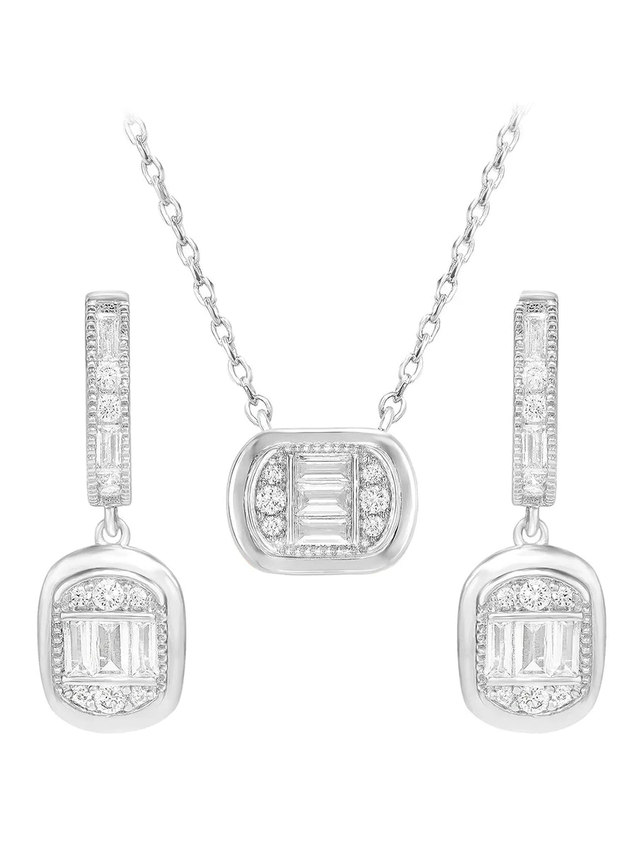Peora Halo Crystal Necklace Set - Silver