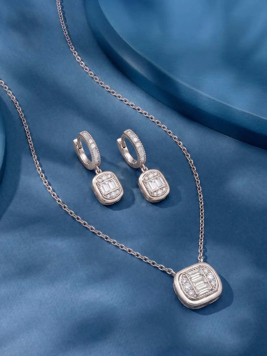 Peora Halo Crystal Necklace Set - Silver