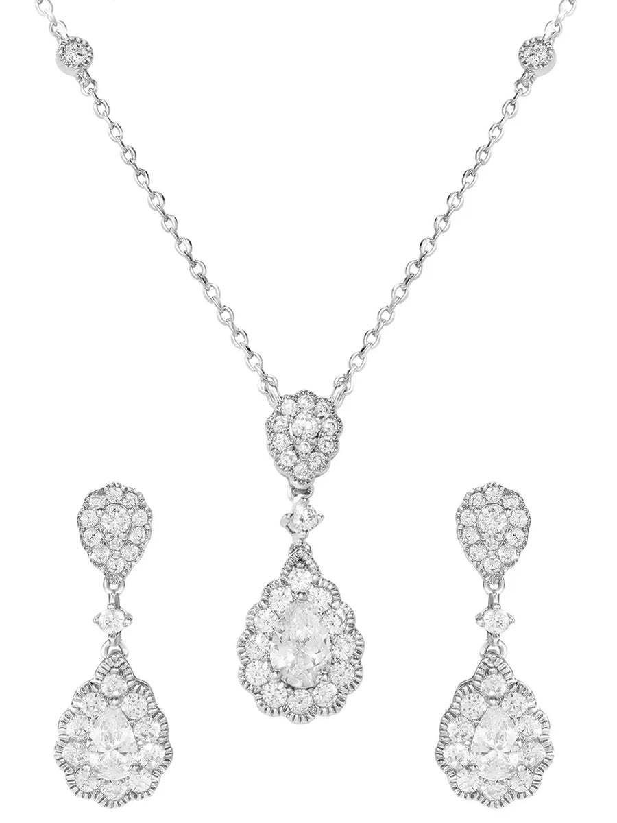 Peora Teardrop CZ Necklace Set - Silver