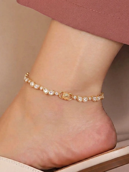 Peora Heritage Crystal Rosette Payal - Gold