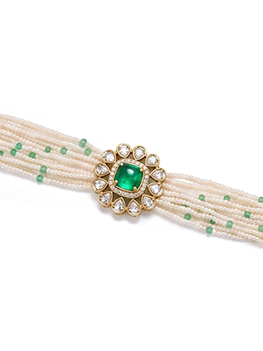 Peora Green Floral Heritage Pearl Bracelet - Gold