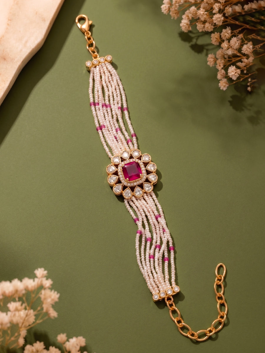 Peora Pink Floral Heritage Pearl Bracelet - Gold
