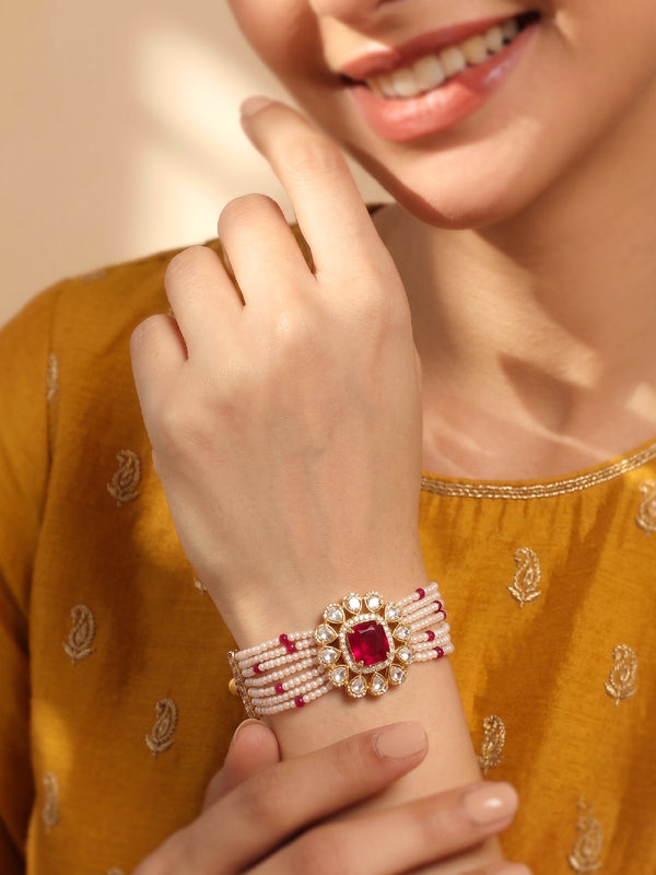 Peora Pink Floral Heritage Pearl Bracelet - Gold