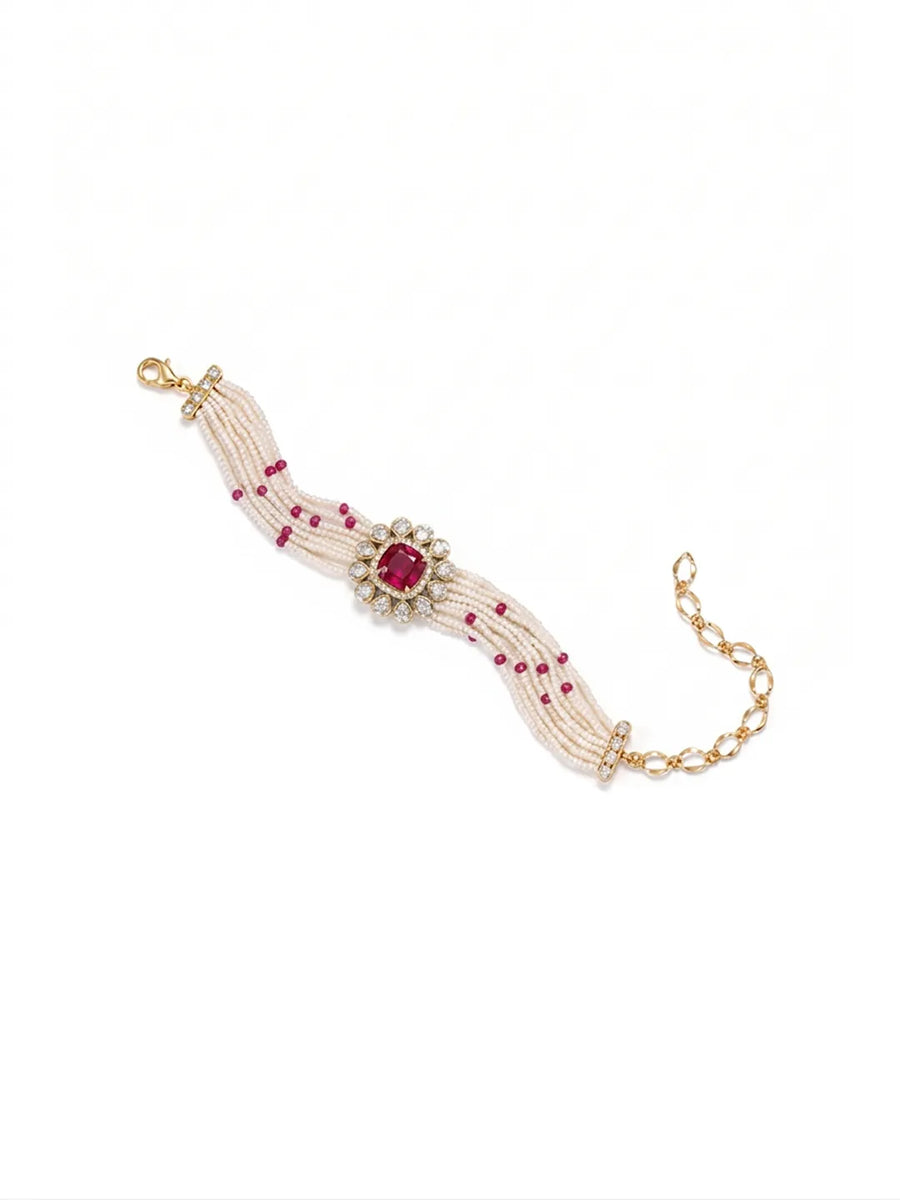 Peora Pink Floral Heritage Pearl Bracelet - Gold