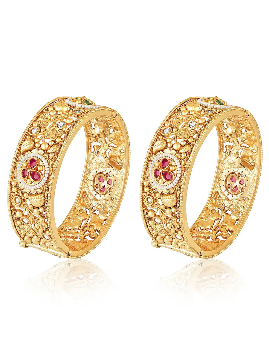 Floral Carved Traditional Kada Set - Gold