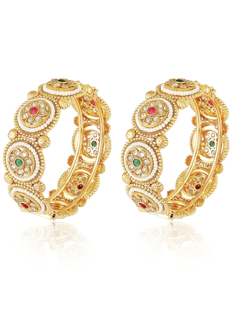 Beaded Crystal Set of Kada Bangles - Gold