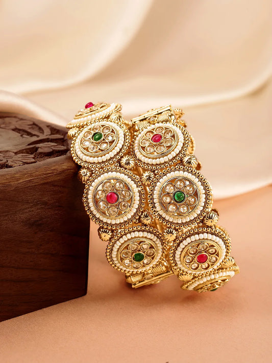 Beaded Crystal Set of Kada Bangles - Gold