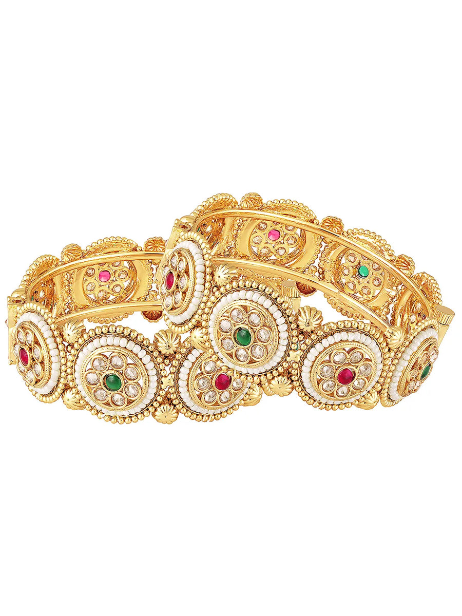 Beaded Crystal Set of Kada Bangles - Gold