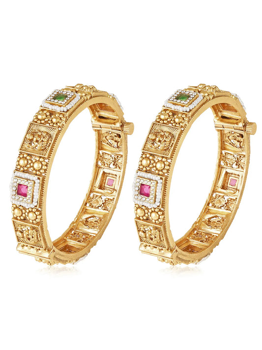 Laxmi Carved Temple Work Bangle Set - Gold