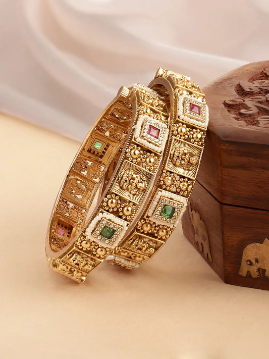 Laxmi Carved Temple Work Bangle Set - Gold