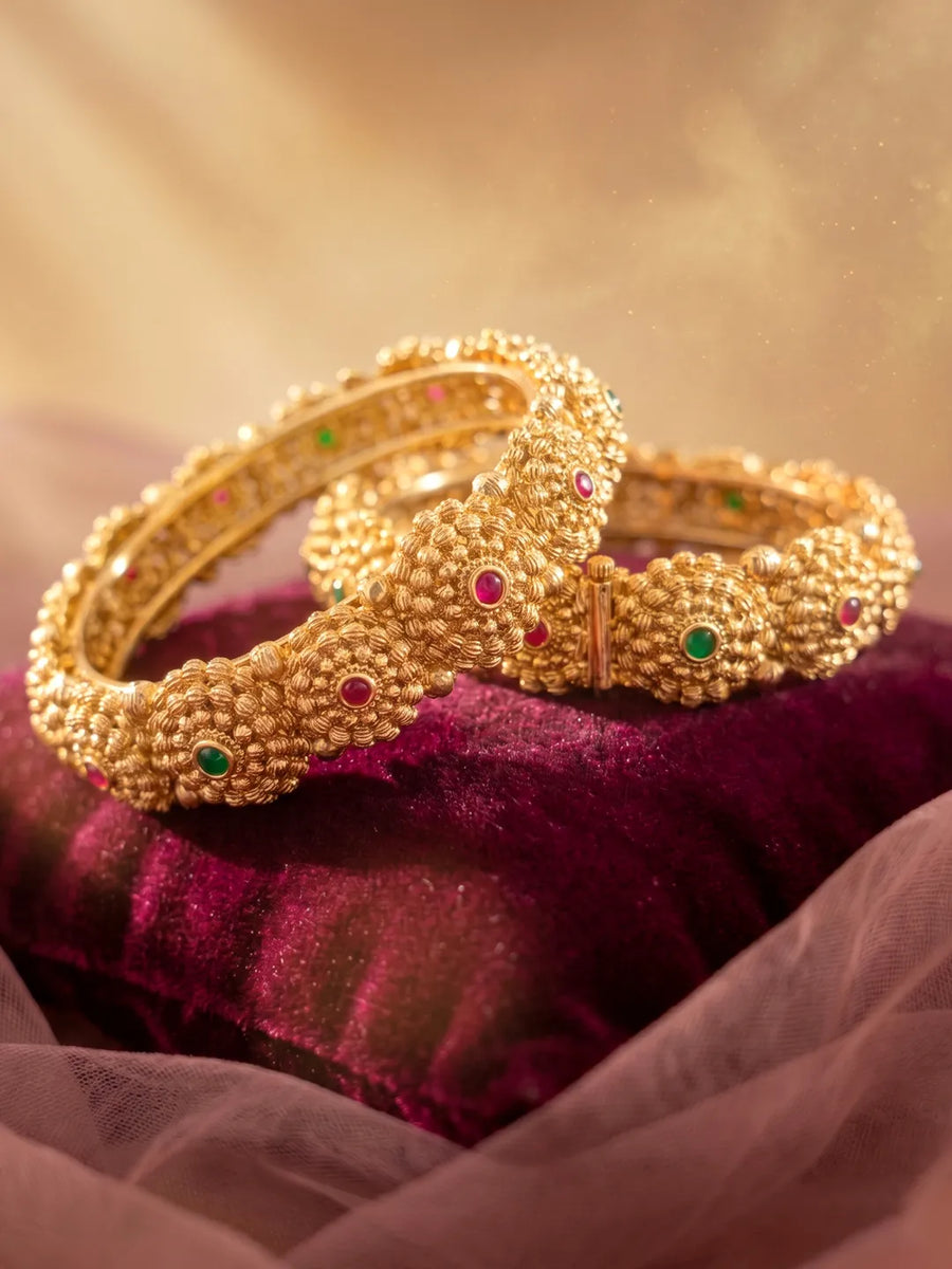 Gold Plated Rawa Work Gemstone Statement Kada