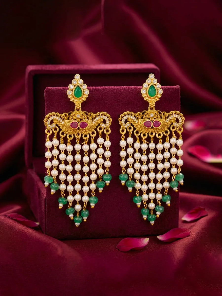 Peora Divine Temple Style Long Pearl Earrings