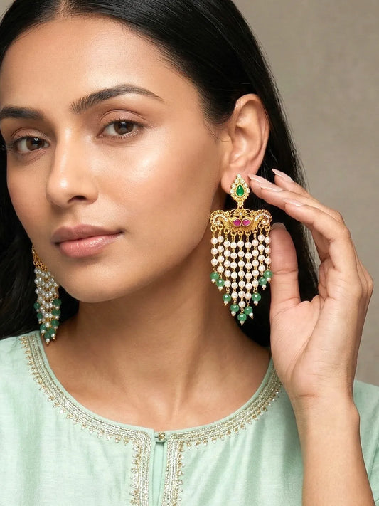 Peora Divine Temple Style Long Pearl Earrings